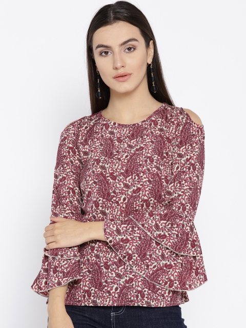 

Cottinfab Women Maroon & Off-White Printed Top
