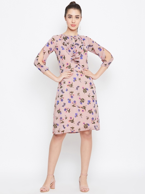 

PURYS Women Pink Floral Printed Fit and Flare Dress