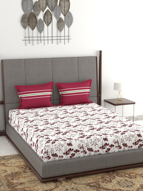 

Trident Pink & White Floral 120 TC Cotton 1 Queen Bedsheet with 2 Pillow Covers