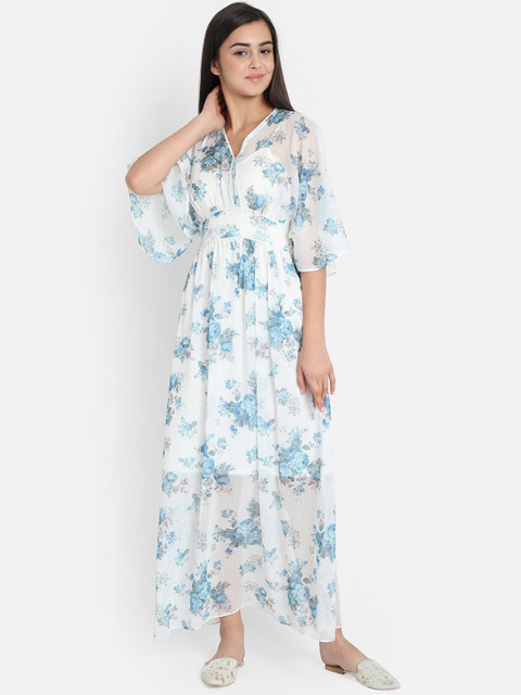 

COVER STORY Women White & Blue Printed Maxi Dress