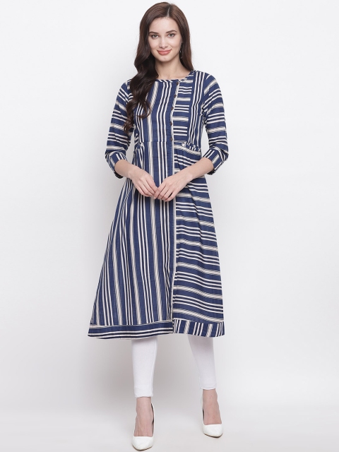 

FABNEST Women Blue & White Striped A-Line Kurta