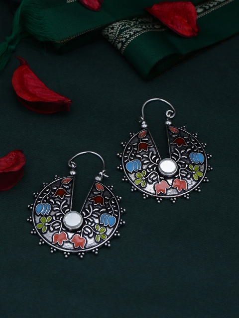 

Studio Voylla Silver-Plated & Green Handcrafted Crescent Shaped Drop Earrings