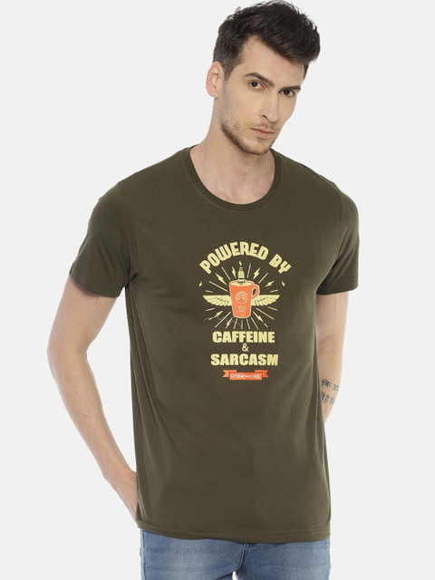 

OBOW Men Olive Green Printed Round Neck Pure Cotton T-shirt