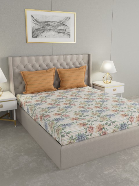 

Boutique Living India Off-White & Blue Floral 300 TC Cotton 1 King Bedsheet with 2 Pillow Covers