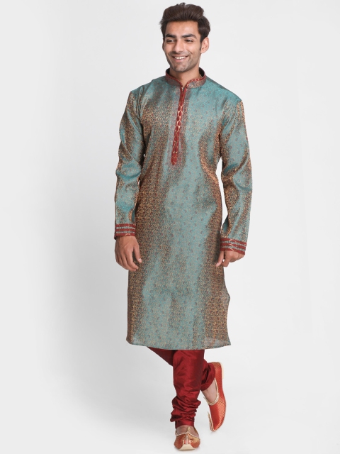 

Lakshya by Manish Men Green & Red Self Design Kurta with Churidar
