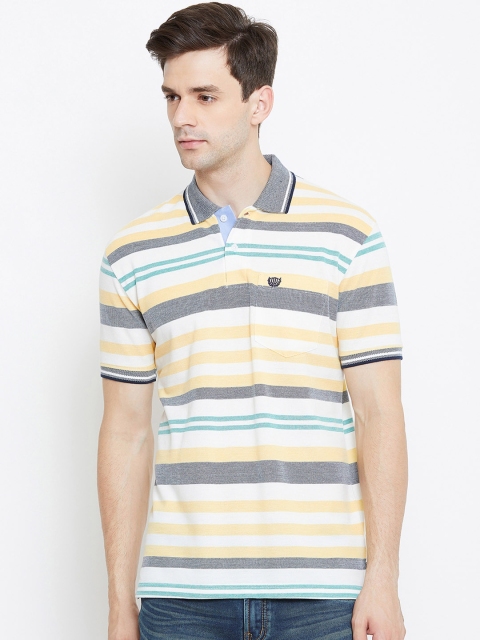 

Duke Men Yellow & White Striped Polo Collar T-shirt