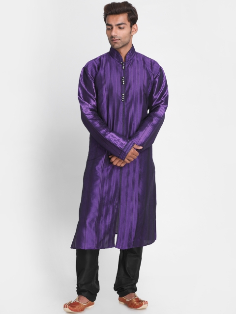 

Lakshya by Manish Men Purple & Navy Blue Striped Dupion Silk Kurta with Churidar