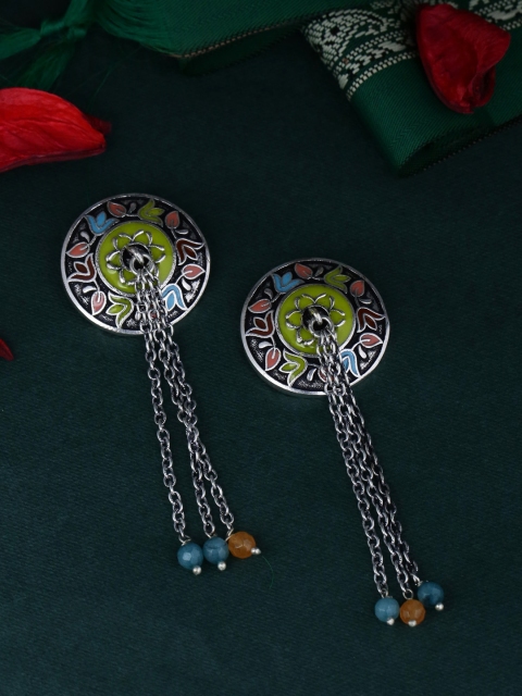 

Studio Voylla Silver-Plated & Green Handcrafted Circular Drop Earrings