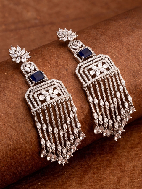 

Studio Voylla Silver-Plated & Navy Blue Cubic Zirconia Contemporary Drop Earrings