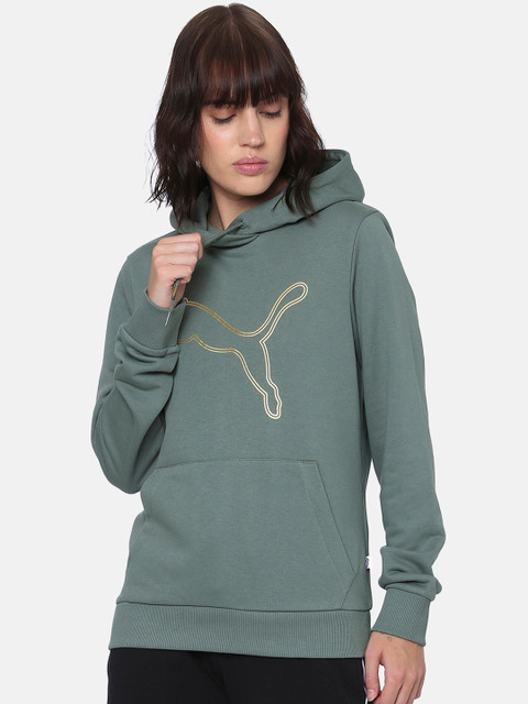 

Puma Women Olive Green Solid Hooded Double Cat Foil Sweatshirt