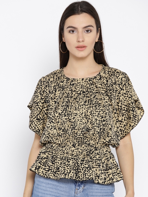 

Cottinfab Women Beige & Black Printed Cinched Waist Top