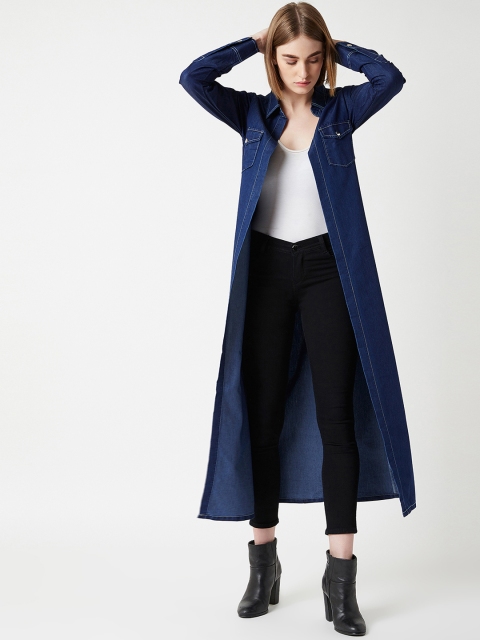 

Miss Chase Women Navy Blue Solid Longline Denim Open Front Shrug