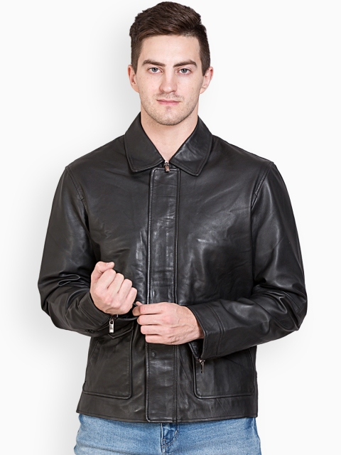 

Justanned Men Black Solid Leather Jacket