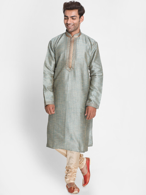 

Lakshya by Manish Men Green & Beige Striped Dupion Silk Kurta with Churidar