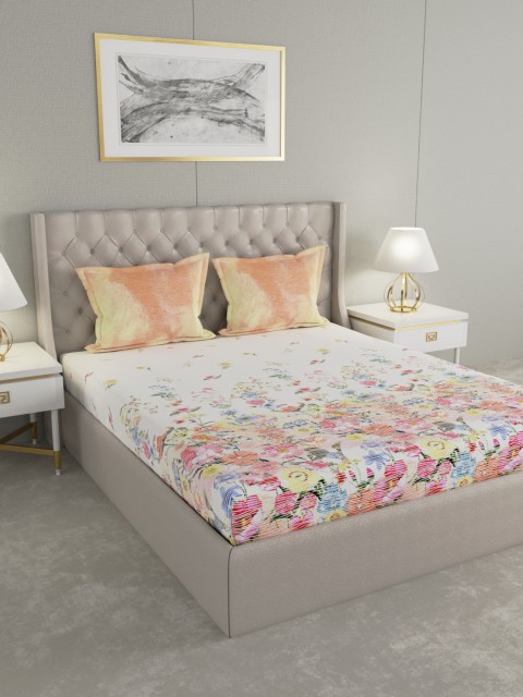 

Boutique Living India White & Pink Floral 300 TC Cotton 1 King Bedsheet with 2 Pillow Covers