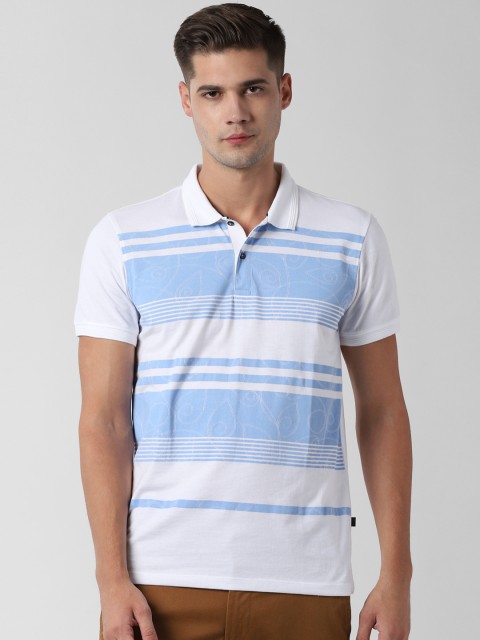 

Peter England Casuals Men White & Blue Striped Polo Collar T-shirt
