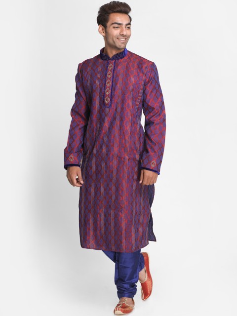 

Lakshya by Manish Men Red & Blue Self Design Kurta with Churidar