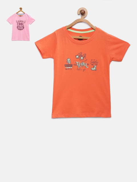 

Cub McPaws Boys Set Of 2 Pink And Orange Printed Round Neck T-shirt