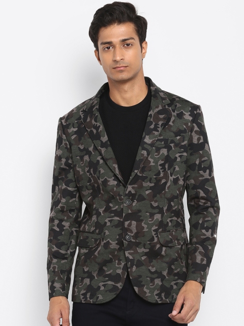 

Mufti Men Olive Green & Black Slim Fit Camouflage Print Casual Blazer
