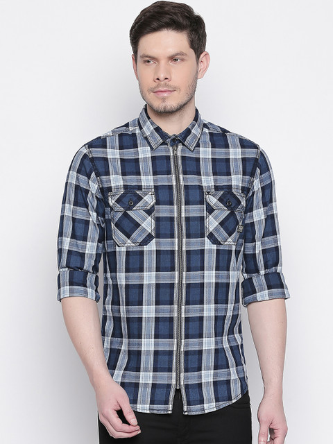 

Mufti Men Blue & White Slim Fit Checked Casual Shirt