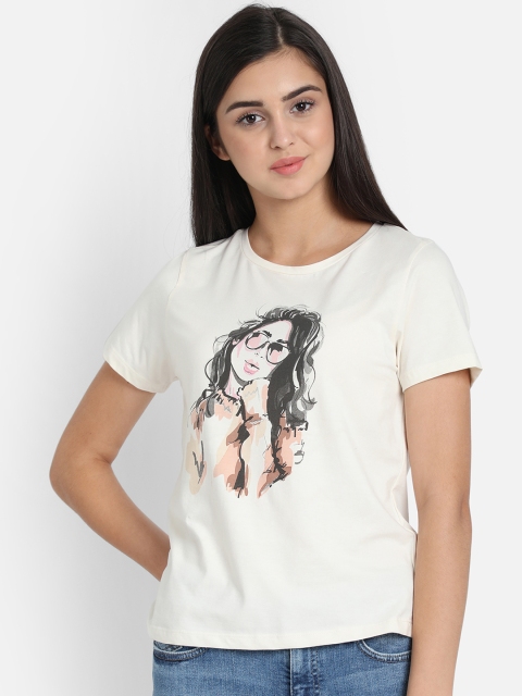 

COVER STORY Women White Printed Round Neck T-shirt