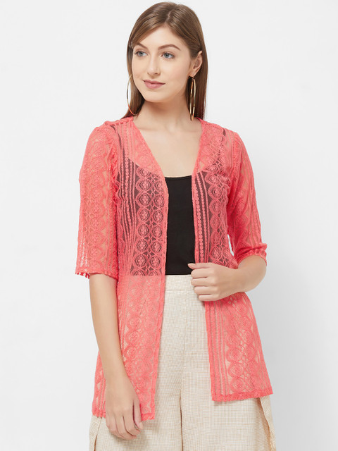 

109F Women Coral Pink Lace Front Shrug