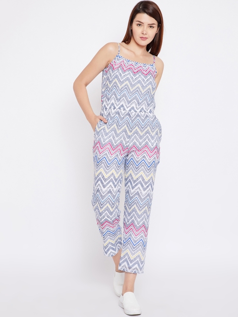 

Toshee Women Blue & White Chevron Print Basic Jumpsuit
