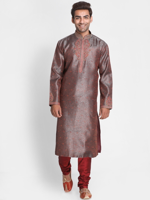 

Lakshya by Manish Men Grey & Red Self Design Kurta with Churidar
