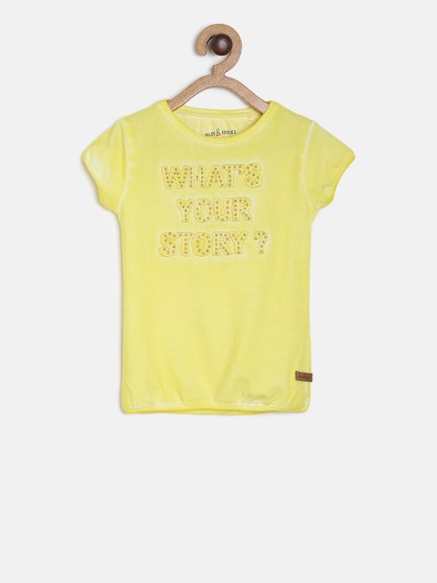

TALES & STORIES Girls Yellow Self Design Round Neck T-shirt