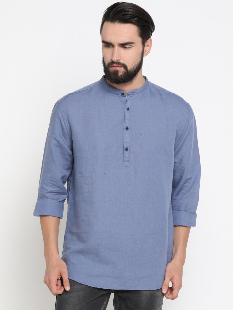 

SHOWOFF Men Blue Solid Straight Linen Short Kurta