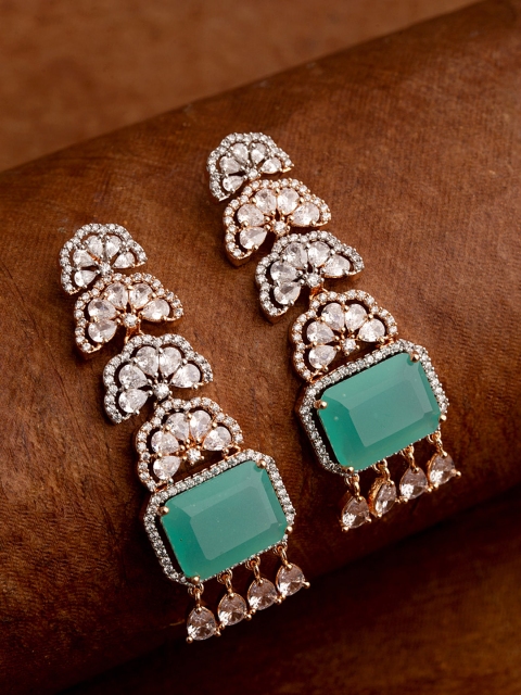 

Studio Voylla Rose Gold-Plated & Green Cubic Zirconia Floral Drop Earrings