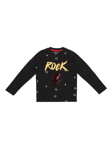 

Pantaloons Junior Boys Black Yellow Printed Round Neck Pure Cotton T-shirt