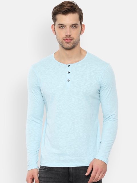 

Van Heusen Sport Men Blue Self Design Henley Neck T-shirt