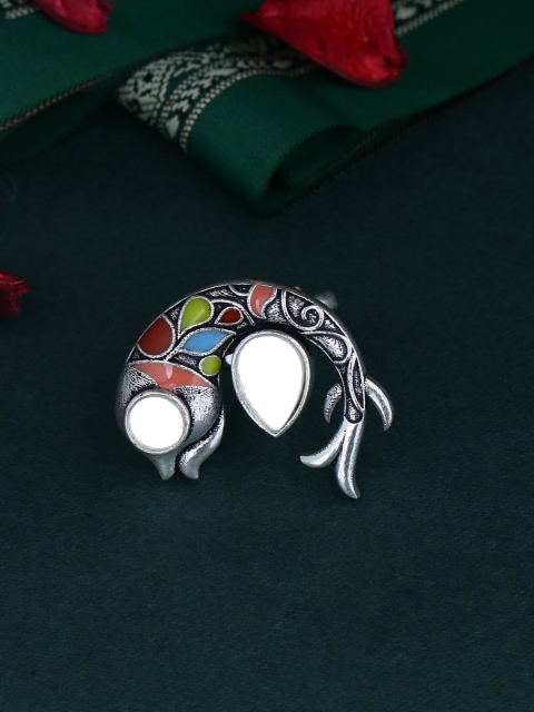 

Studio Voylla Silver-Plated & Red Enamelled Handcrafted Oxidized Finger Ring