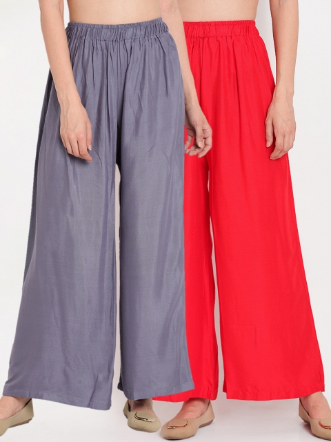 

TAG 7 Women Pack of 2 Solid Wide Leg Palazzos, Red