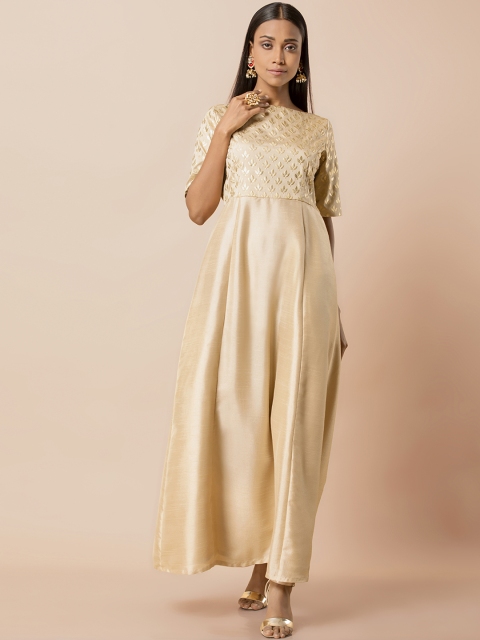 

INDYA Women Beige & Golden Printed Maxi Dress