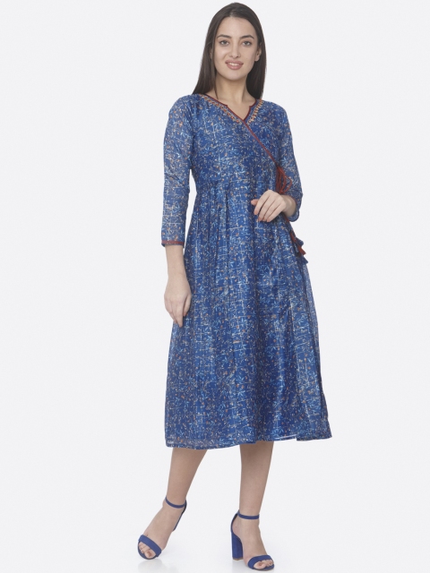 

RAISIN Women Blue Printed Wrap Dress