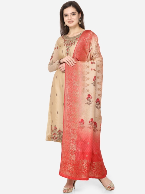 

Stylee LIFESTYLE Beige & Peach-Coloured Satin Semi-Stitched Dress Material