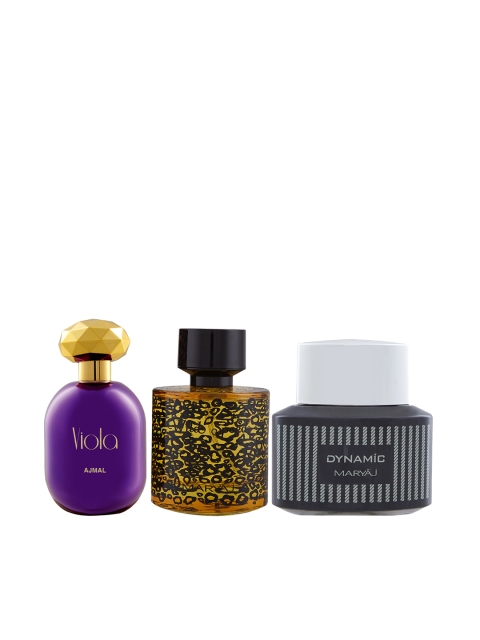

Ajmal Unisex Set Of 3 Viola 75ml Maryaj WildSpeed & Dynamic EDP Perfume for skin 100mleach, Purple