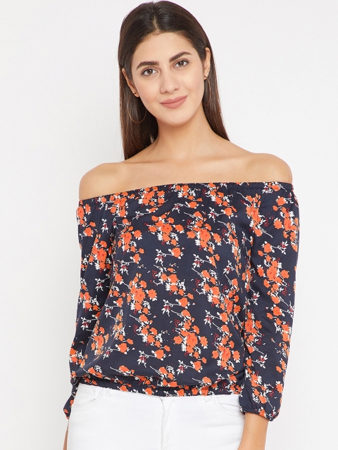 

Toshee Women Navy Blue Floral Printed Bardot Top