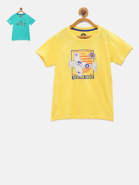 

Cub McPaws Set Of 2 Boys Yellow and Green Printed Round Neck T-shirt