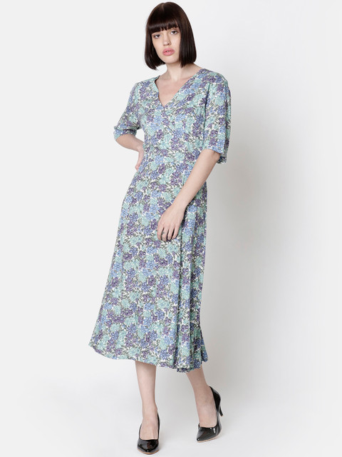 

Double Two Women Blue Floral Print Fit and Flare Wrap Dress