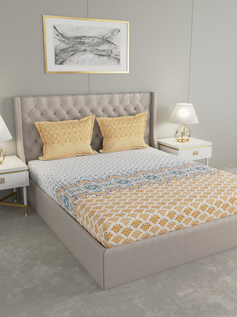 

Boutique Living India White & Blue Ethnic Motifs 300 TC Cotton 1 King Bedsheet with 2 Pillow Covers