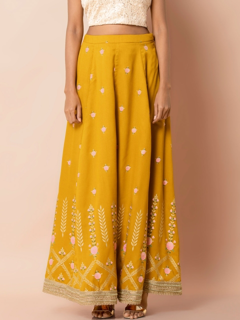 

INDYA Women Mustard Yellow & Golden Foil Printed Maxi Flared Skirt