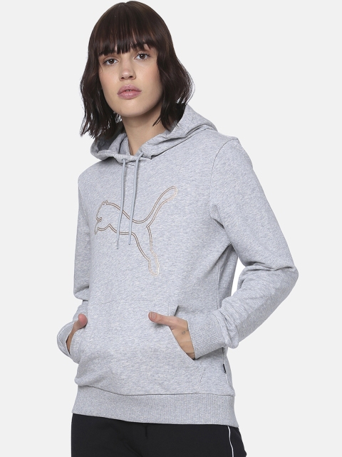 

Puma Women Grey Melange Solid Double Cat Foil Hooded Sweatshirt