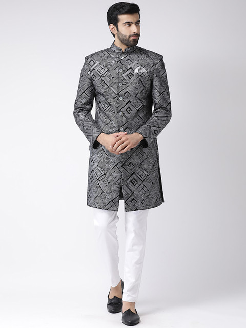 

KISAH Men Black & White Printed Sherwani & Trousers With Velvet Finish