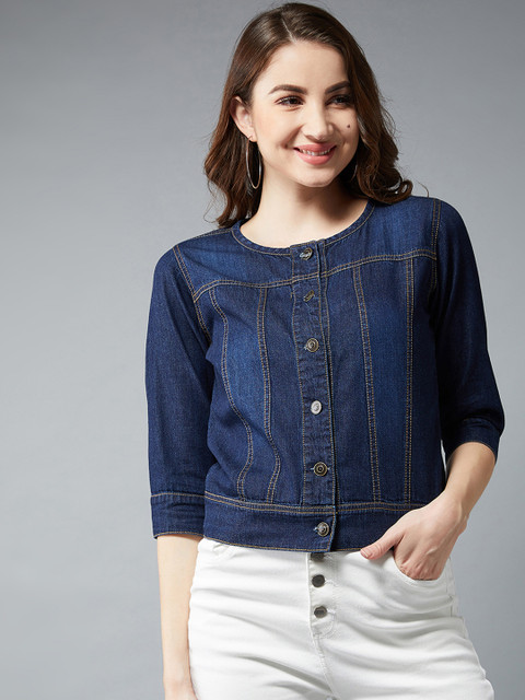 

DOLCE CRUDO Women Navy Blue Solid Denim Jacket