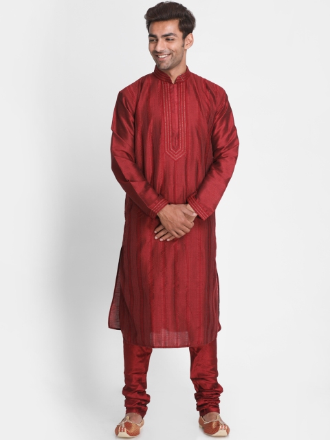 

Lakshya by Manish Men Maroon Striped Kurta with Churidar