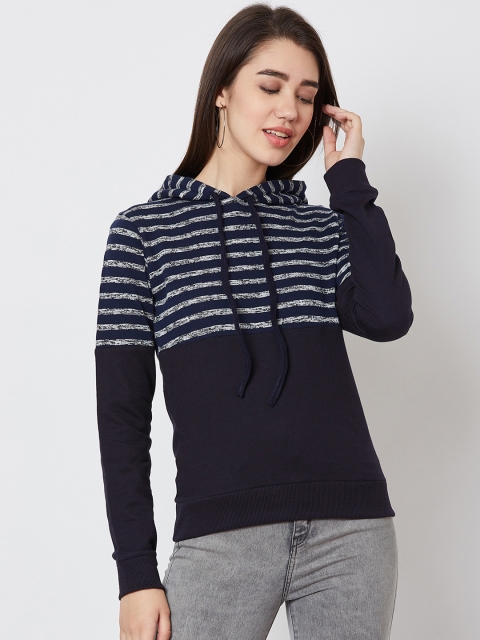 Nun Women Navy Blue Checked Hooded Sweatshirt