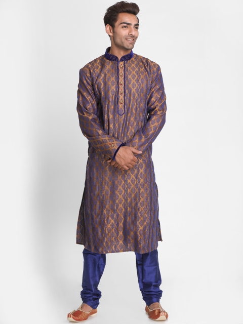 

Lakshya by Manish Men Beige & Blue Self Design Kurta with Churidar
